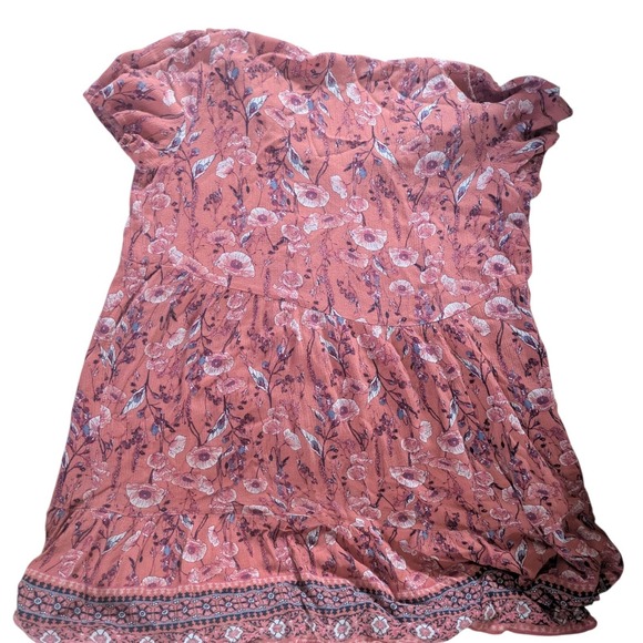 Knox Rose Pink Floral Boho Babydoll Dress Short Sleeve V-Neck Tiered Mini Size M - Picture 3 of 4